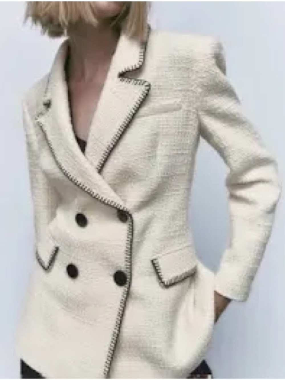 Cream Double-Breasted Tweed Blazer Jacket by Zara Size S